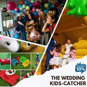 Exklusive Eventausstattung für Hochzeiten: Collage der Hüpfburg, Kinderspielecke und Party-Fotobox.