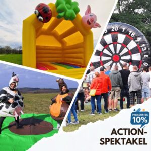 Collage der Eventmodule: Hüpfburg Glücksbringer, Kuh-Sumo-Ringen und XXL Dart für Feste und Vereine.