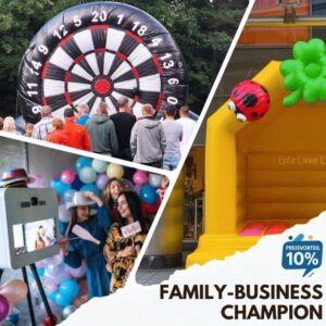 Collage des Event-Bundles für Familien: Hüpfburg, Fußball-Dart, Fotobox und Eistruhe für Firmenfeste.