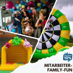 Collage des Firmenevent-Bundles: Hüpfburg, XL Fußball Dart, Fotobox und gratis Eistruhe für das Sommerfest.