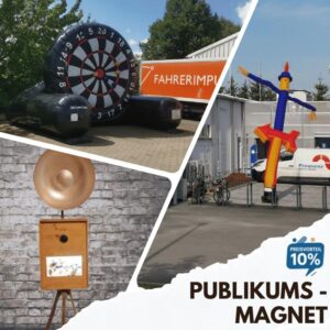 Werbe-Bundle für Firmenevents bestehend aus XXL Fußball-Dart, Fotobox, Skydancer und Gratis-Eistruhe.