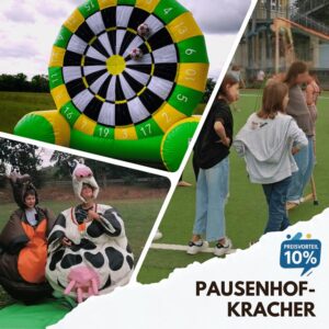 Collage der Schulfest-Attraktionen: Kuh Sumo-Ringen, Soccer Dart XL und Laufendes A von Gute Laune Events.
