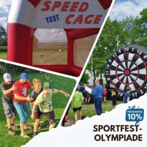 Collage der Schulsport-Module: Soccer Dart XXL, Torwand mit Speed Radar und Rasen-Ski für Teamevents.