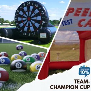 Teambuilding-Bundle für Firmen mit Fußball-Dart XXL, Fußball-Billard, Speed-Radar Torwand und Eistruhe.