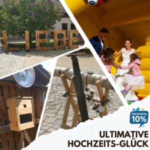 ultimative Hochzeits Glück Packet: Weiße Hüpfburg Glücksbringer, Hochzeitssägen, Love Buchstaben und Fotobox für Hochzeiten mieten – Gute Laune Events