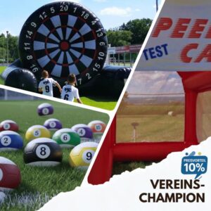 Komplett-Set für Vereinsfeste mit Fußball Dart XXL, Speed-Radar Torwand und Fußball Billard.